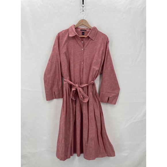 Lands' End Shirt Dress Womens 20W Pink Chambray Collared Belted Button Front - Picture 1 of 13